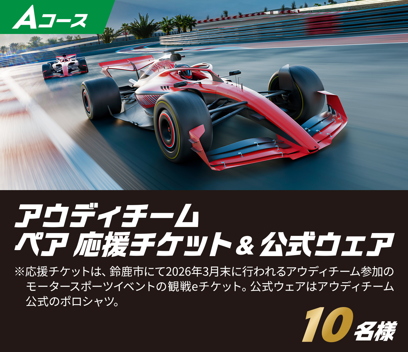 【Aコース 10名様】アウディチーム ペア応援チケット & 公式ウェア ※応援チケットは、岩手県に2026年3月末に行われるアウディチーム参加のモータースポーツイベントの観戦チケット。公式ウェアはアウディチーム公式のポロシャツ。